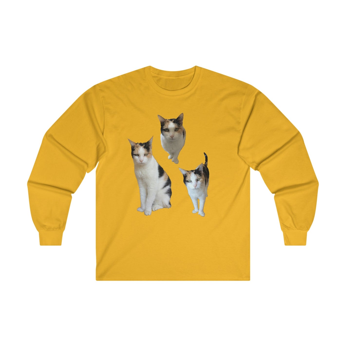 A comfy longsleeve t shirt with three images of beautiful cats in different poses, looking at you